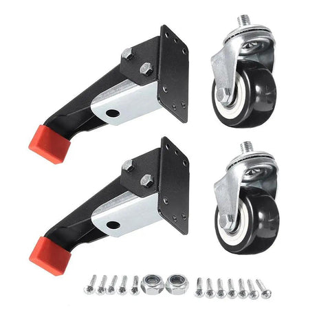 Heavy Duty Retractable Workbench Caster Wheels 2 Piece Set for Machinery Tables with steel pedals and hardware included.