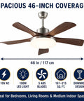 MADISH Modern Walnut 46 Inch Ceiling Fan with Lights and Remote, featuring 5 ABS blades and a 100W LED light.