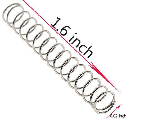 Close-up of Stainless Steel Compression Springs Set, 20-Piece Assortment, 1.6 Inch Length, 0.22 Inch Outer Diameter, 0.02 Inch Wire Diameter.
