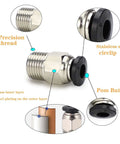 Close-up of PC4 metal fitting for 2M Bowden Tube for 3D Printing, featuring precision thread, stainless steel circlip, and POM button.