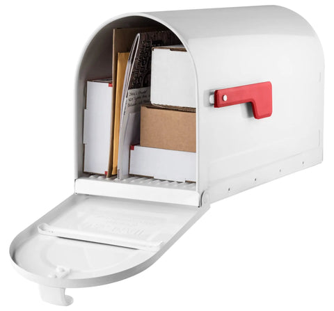 Open Big White Post Mount Mailbox With Front Access Door, showing mail inside, featuring red handle, embossed panels, and reinforced door.