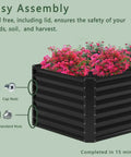 Close-up of black metal galvanized raised garden bed 6x2x2 ft with safe corner pads, holding soil and flowers, easy assembly illustration.