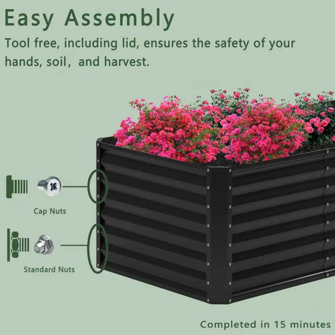 Close-up of black metal galvanized raised garden bed 6x2x2 ft with safe corner pads, holding soil and flowers, easy assembly illustration.