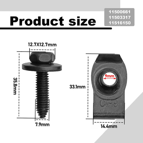 Heavy Duty M8-1.25 Body Bolts and Extruded U Nut Kit for Auto Body Repairs, bolt and nut dimensions shown