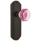 Old School Deco Plate Waldorf Pink Door Knob Set In Oil Rubbed Bronze With Privacy Lock Two And Three Eighths Inch Backset