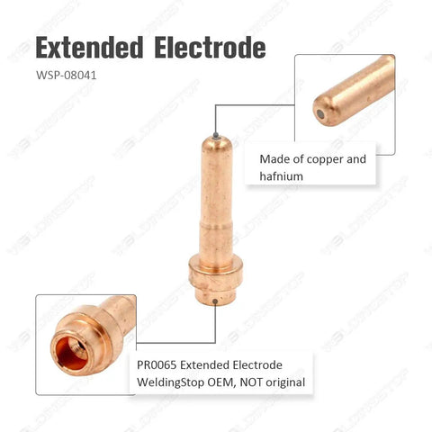 Extended Plasma Cutter Consumables Kit For Versa Cut 40 Amp Torch electrode made of copper and hafnium with PR0065 label.