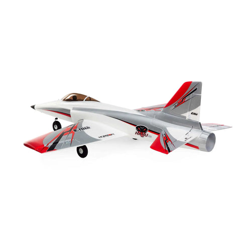 Side view of Habu STS 70mm EDF Jet RC Airplane Ready To Fly With SAFE Technology Smart Trainer, gray and red design.