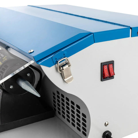 Pro Level Jewelry Bench Polisher Featuring A Beefy 200 Watt Motor Cranking 10000 Rpm With Foolproof Speed Lever showing controls and dust catcher.