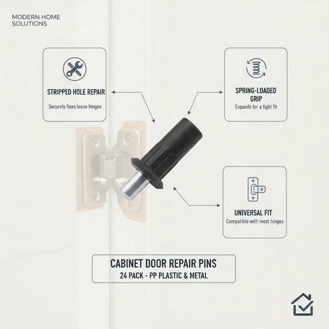 Spring Loaded Cabinet Hinge Repair Pins For Stripped Screw Holes Gold Plastic And Metal Anchor Kit 24 Pack Universal Fit For Standard Kitchen And Bathroom Hinges Quick Install, black pin
