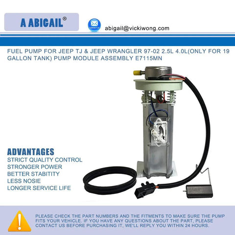 E7115MN Replacement Fuel Pump Assembly For Jeep TJ And Wrangler 1997 To 2002 2.5L And 4.0L Engines For 19 Gallon Tank Drop In High Quality ABIGAIL Unit
