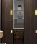 Installed Recessed Brass Cabinet Handle for Kitchen Cabinets, polished finish, hidden flush mount, shown on dark wood cupboards.