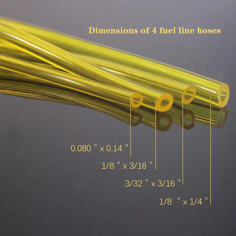 Premium Fuel Line Hose Tubes For 2 Cycle Small Engines showing four sizes with dimensions on yellow gasoline tubing.