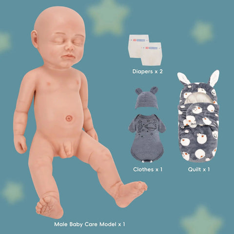 Legit Carefully Sculpted Full Silicone Reborn Boy Doll, Super Soft Sleepy Infant Figure With Flexible Joints and accessories.