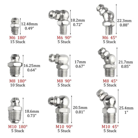 60 Piece Metric Hydraulic Grease Fitting Kit Galvanized Steel M6 M8 M10 Straight 90 Degree 45 Degree Angles Assortment