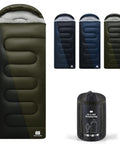 XXL Winter Sleeping Bag For Adults And Kids, 4 Season Cold Weather Camping Gear with Compression Sack in olive and blue colors.