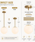 Diagram showing Mid Century Modern 1 Light Pendant Light With White Glass Globe Shade And Gold Finish Brushed Brass Fixture dimensions.