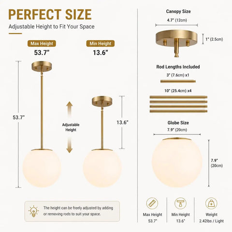 Diagram showing Mid Century Modern 1 Light Pendant Light With White Glass Globe Shade And Gold Finish Brushed Brass Fixture dimensions.