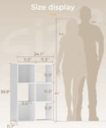 Dimensions of the Six Cube Storage Organizer Rustic White Space Saver Stackable Bookcase next to human silhouettes.