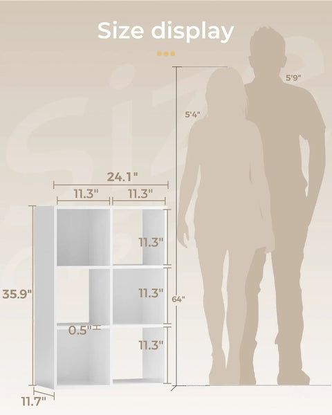Dimensions of the Six Cube Storage Organizer Rustic White Space Saver Stackable Bookcase next to human silhouettes.