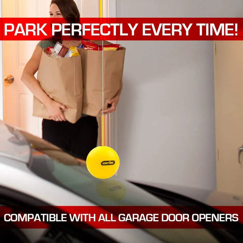Ceiling Mounted Parking Guide System For Perfect Parking Every Time No Drilling Into Concrete No Tripping Hazards Keeps Garage Floor Clear Yellow One Size showing parking stop with car and person carrying bags