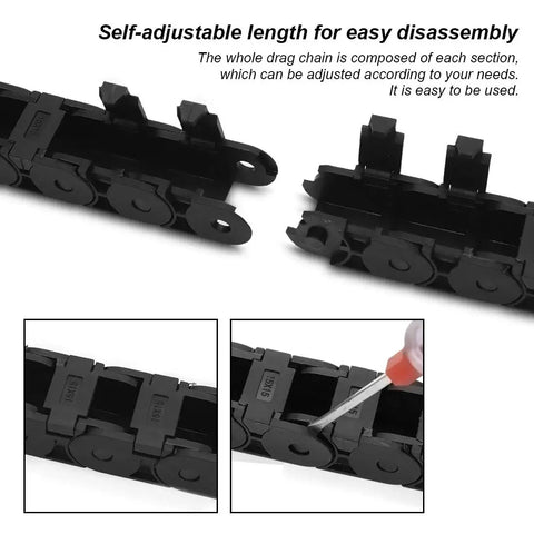 15x15mm Semi Enclosed Drag Chain Cable Carrier For CNC Machines - Black Plastic, 1 Meter Length, showing openable side
