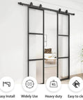 Two Sets Of 18 Inch By 84 Inch Three Paneled Frosted Glass Double Barn Doors With Carbon Steel Frame And Hardware Kit Soft Close Included Easy To Install displayed in a living room setting