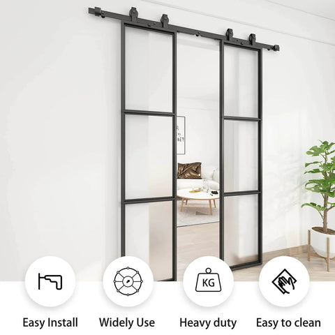 Two Sets Of 18 Inch By 84 Inch Three Paneled Frosted Glass Double Barn Doors With Carbon Steel Frame And Hardware Kit Soft Close Included Easy To Install displayed in a living room setting