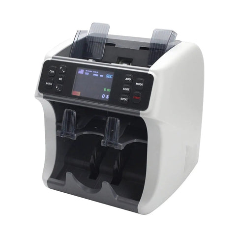 Heavy Duty Mixed Denomination Money Counter Machine With Rock Solid Uv Mg Ir Counterfeit Detection And Hassle Free Automatic Serial Tracking For Busy Banks And Retailers, front view