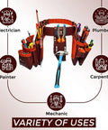 Premium Oil Tanned Leather Tool Belt And Pouch Set For Carpenters Pro Grade Heavy Duty 28 Pocket Maroon Tool Belt Displayed with Tools