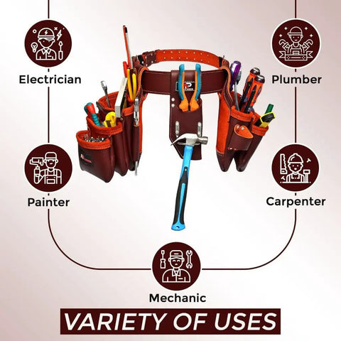 Premium Oil Tanned Leather Tool Belt And Pouch Set For Carpenters Pro Grade Heavy Duty 28 Pocket Maroon Tool Belt Displayed with Tools