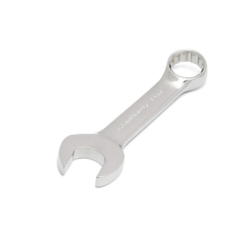 Single wrench from Stubby Metric Wrench Set, 10 Piece 12 Point Combination Wrenches For Tight Spaces, chrome finish, off corner loading design