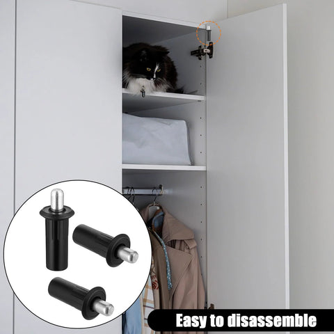 8 Piece Black Metal Cabinet Door Damper Pins Spring Loaded Telescopic Pivot Pins with close-up of pins.