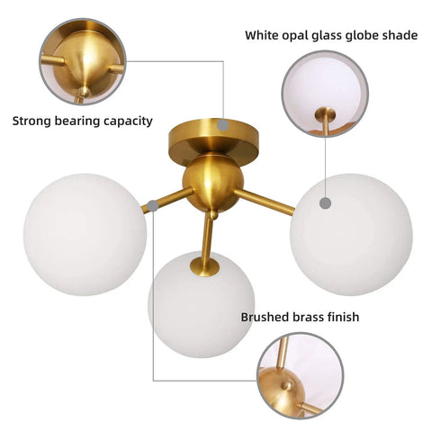 3 Light Modern Globe Ceiling Light Mid Century Sputnik Chandelier With White Glass Shades Brushed Brass Finish Semi Flush Mount