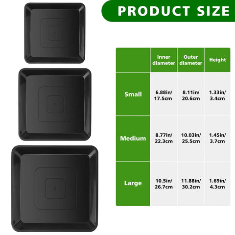 Three Size Square Stepping Stone Molds Set for Concrete, Reusable Plastic Cement Molds in 8, 10.2, and 12.2 Inch Sizes next to size chart.