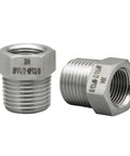 Front view of stainless steel reducer hex bushing, 1/2 NPT male to 3/8 NPT female high-pressure adapter