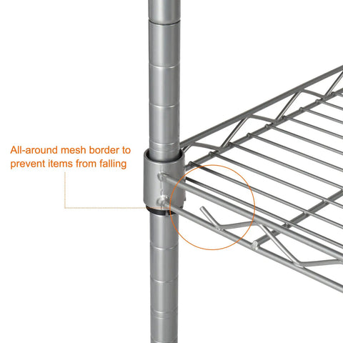 4 Tier Storage Racks Shelving System With Adjustable Wire Shelves, Heavy Steel Construction Built For Garage, Kitchen, Bathroom Or Office, Maximizes Space, Black Finish, Durable Steel Frame, Easy Assembly, Dimensions 20 W X 12 D X 32 H close-up of mesh shelf border