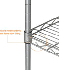 Close-up of Heavy Duty Five Tier Wire Shelving Unit Kickass Storage Rack with mesh border preventing items from falling.