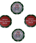 Four golf ball markers featuring 'Move Ball Mark Back' and TourShopFresno.com branding, circular design.