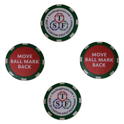 Four golf ball markers featuring 'Move Ball Mark Back' and TourShopFresno.com branding, circular design.