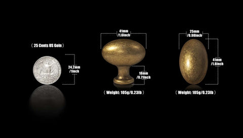 Oval Antique Brass Cabinet Knobs Set 1.6 Inch Zinc Alloy Drawer Knobs with size and weight measurements next to US quarter
