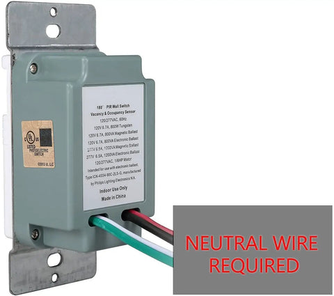Back of Motion Sensor Light Switch With Neutral Wire Required showing wiring connections and UL certification label