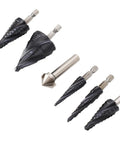 Ultra Sharp Step Drill Bit Set With 4 Flutes For Fast Cuts Through Stainless Steel Hard Metal Wood And Plastic Plus Heavy Duty M35 Cobalt Pagoda Design With 1 4 Inch Shank No Walking Allowed, five bits