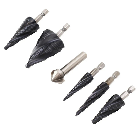 Ultra Sharp Step Drill Bit Set With 4 Flutes For Fast Cuts Through Stainless Steel Hard Metal Wood And Plastic Plus Heavy Duty M35 Cobalt Pagoda Design With 1 4 Inch Shank No Walking Allowed, five bits