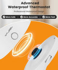 Advanced waterproof thermostat showing professional design with safety, accuracy, and speed features. Close-up view.