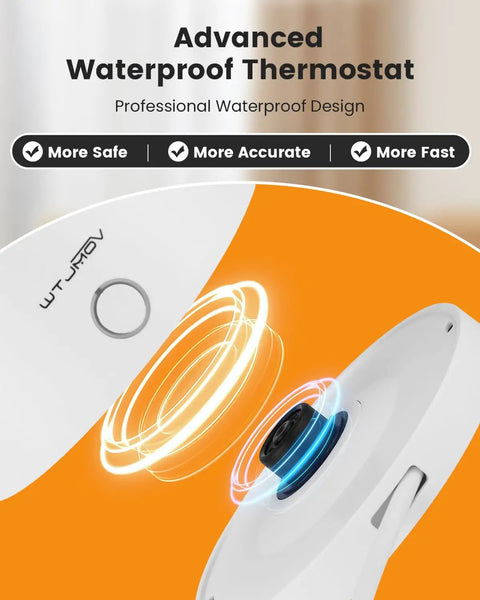 Advanced waterproof thermostat showing professional design with safety, accuracy, and speed features. Close-up view.