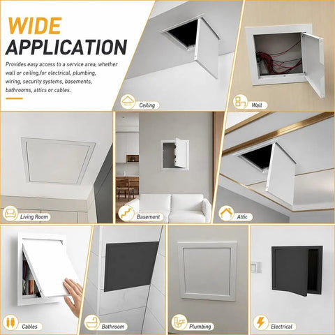 Heavy Duty Aluminum Flush Mount Access Panel, Slick Push To Open Ceiling And Wall Hatch For Drywall, No Sweat Fuse Box Cover, Black 8X12 Inch Seamless Flush Design, installed in various home settings.