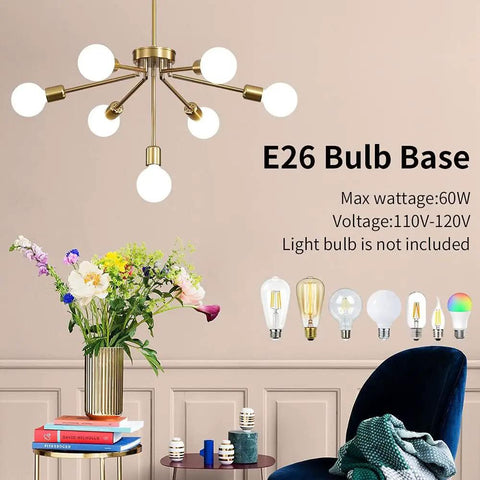 Gold Sputnik 7-Light Modern Pendant Chandelier With Deformable Arms, Adjustable Height Ceiling Fixture for Living Room