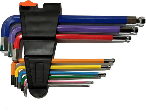 Premium 9-Piece Metric Hex Key Set With Anti-Slip Long Ball Ends Crafted From Rugged Chrome Vanadium Steel For Smooth DIY Home Repairs Furniture Assembly Bike Fixes And Light Vehicle Tune-Ups In Sizes 1.5 Through 10mm You Can Totally Trust For Serious. multicolor ball-end hex keys in case