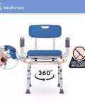 Premium Blue 360 Degree Swivel Bathroom Shower Chair With Back Rest Pivoting Bath Bench shows adjustable height and no tools needed.