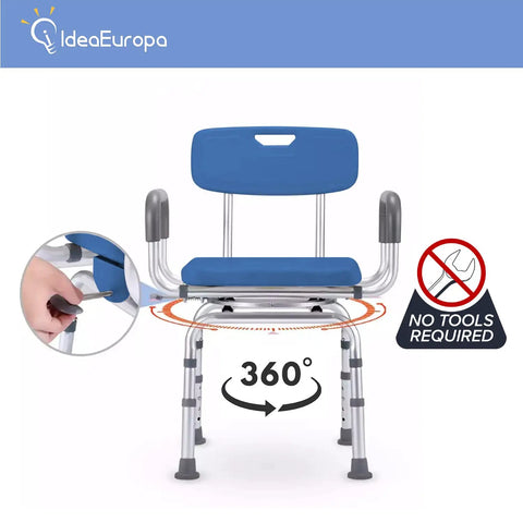 Premium Blue 360 Degree Swivel Bathroom Shower Chair With Back Rest Pivoting Bath Bench shows adjustable height and no tools needed.